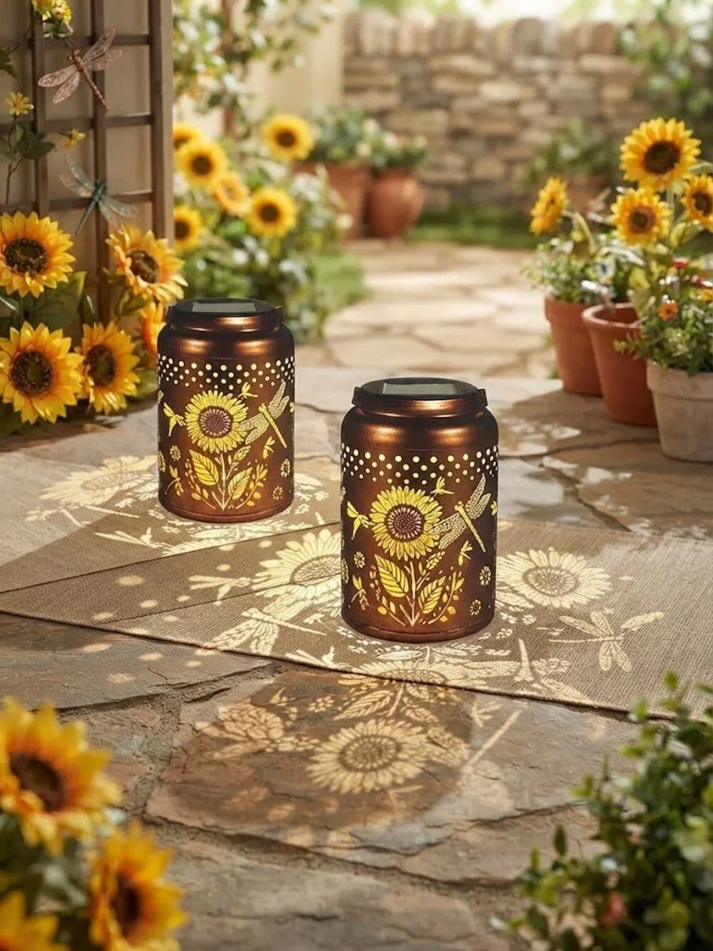 2 Pk Sunflowers Solar Lanterns Outdoor Waterproof Garden Decor | Metal Hanging